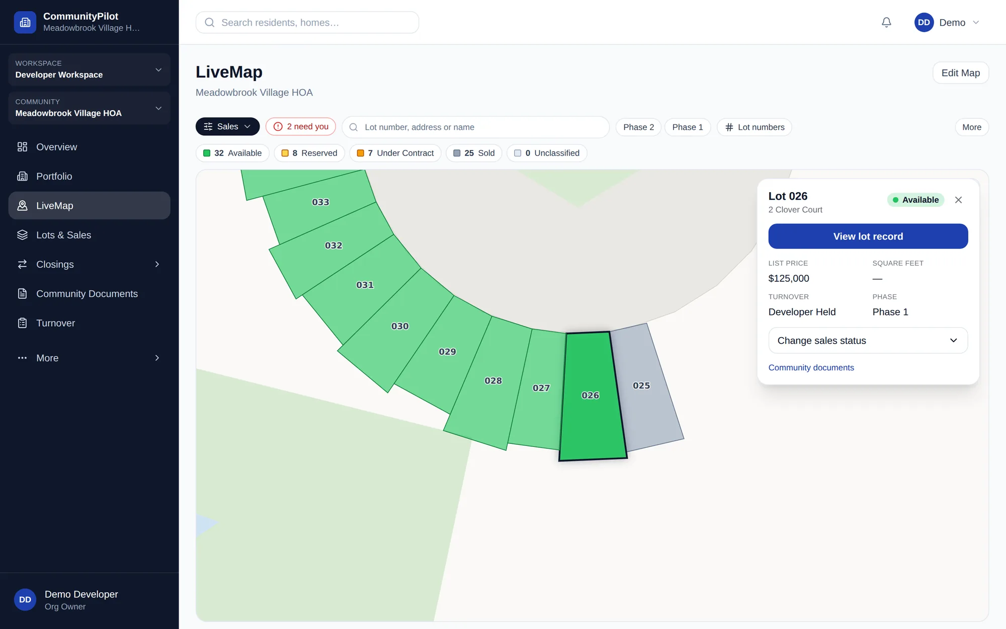 A lot selected on the LiveMap: Lot 026, 2 Clover Court, marked Available, with its list price, phase and turnover status, and a button to open the full lot record.